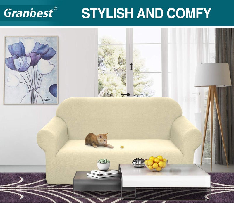 Granbest Premium Waterproof Sofa Cover High Stretch Couch Slipcover Super Soft Fabric Couch Cover (Beige, Medium) - Image 2